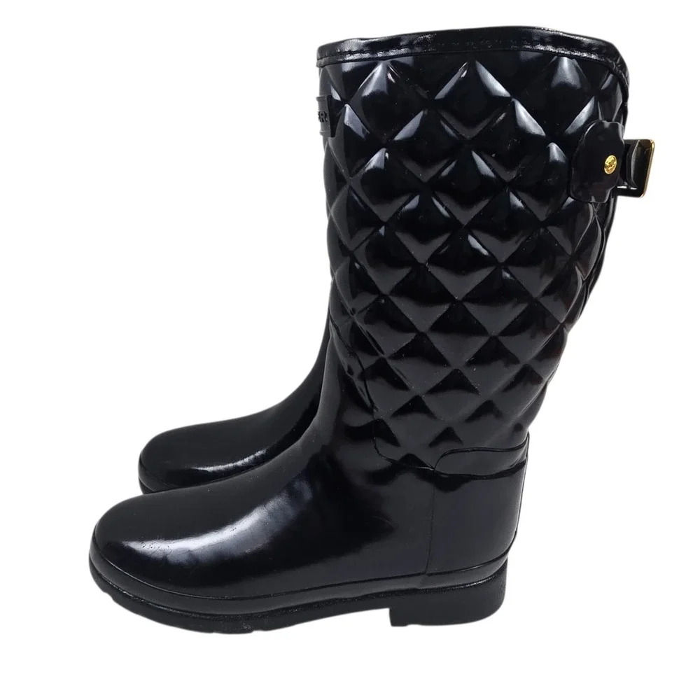 Hunter Refined Quilted Gloss Rain Boots, Adjustable Mid-Calf Black US 8, EU 39